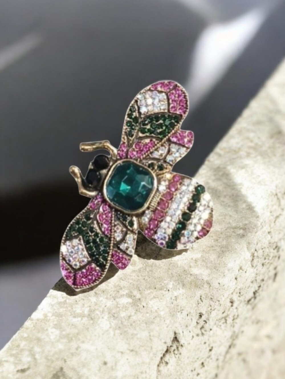 Emerald & Pink Crystal Bee Brooch - Picture 3 of 4